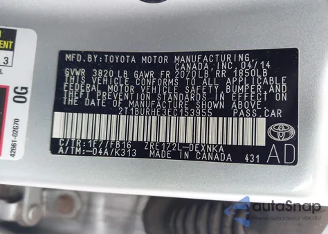 2014 Toyota Corolla Le from USA, damaged, VIN 2T1BURHE3EC153955